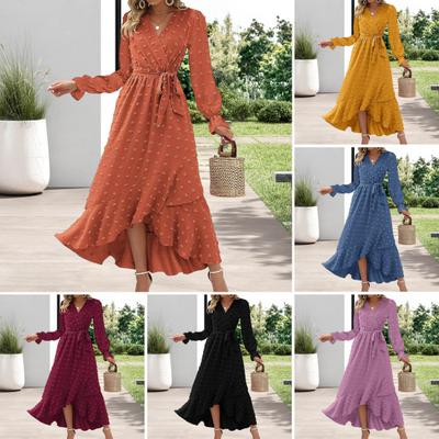 Langärmeliges Maxi-Kleid für Damen V-Ausschnitt Punktmuster Boho Wickelkleid Lässig Fließend Schlitz Hochzeitsgastkleid für Cocktailparty