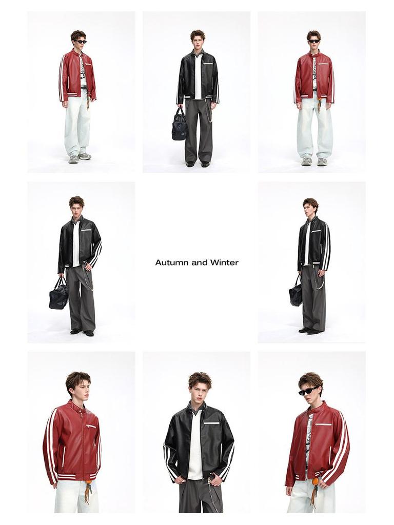 Herren Trendy Lederjacke mit Stehkragen - Lockere Passform, Lässig, Modisch, Bequemes Gewebe mit Schlichtem Linienmuster.