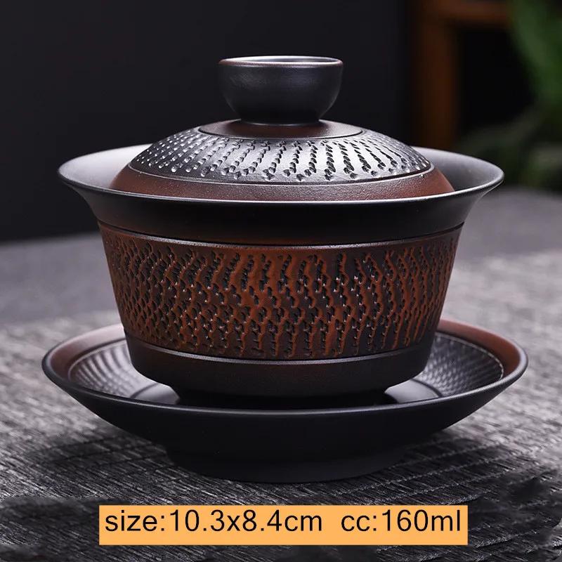 Vintage Purple Pottery Gaiwan Pot Bearing Chinese Handmade Tea Bowl Teacup Beauty Tea Infuser Household Travel Personal Teaware