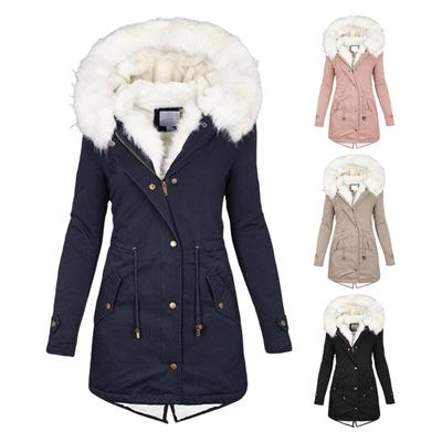 Women Winter Cotton Coat Plus Size Faux Fur Hood Fleece-lined Zip-up Press Button