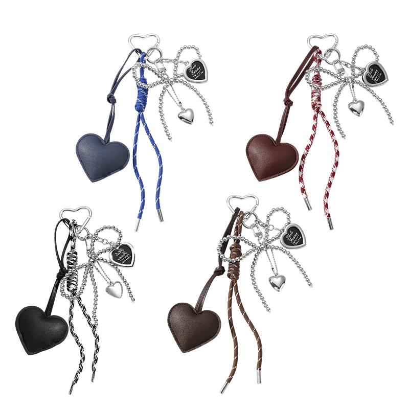 Korean Trendy Leather Heart Bow Keychain Delicate Beaded Keyring Car Key Holder Bag Pendant Decoration For Girls Gift