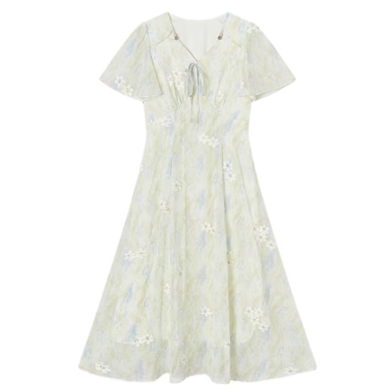 Women s Gradient Tie-Dye Ruffle Sleeve V-Neck Midi Dress S