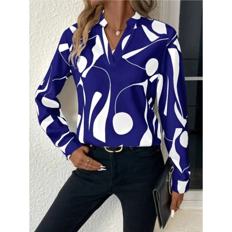 Women's Fashion Casual Spring Autumn Colour Block Print Long Sleeve V-Neck Blouses Shirts