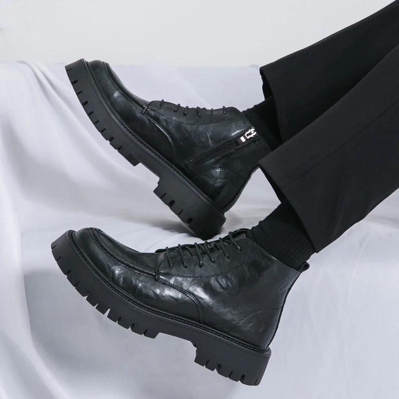 Moda Moda Zapatos Casuales de Cuero Genuino para Hombre Zapatos Clásicos para el Aire Libre y el Trabajo Botas de Motocicleta para Hombre Guapos Aumento de Altura