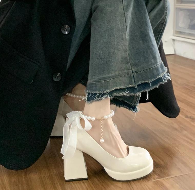 

Модные новые туфли в стиле Лолита, женские туфли на каблуке в японском стиле Мэри Джейн, женские туфли в стиле ретро с ремешком на щиколотке и жемчужинами, на высоком каблуке и платформе, женские туфли 35 белый