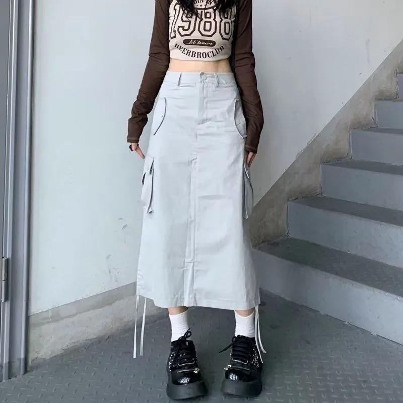 Women's High Waisted Cargo Pocket Midi Skirt