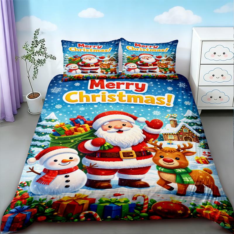 Duvet Cover 3-piece Christmas Themed Santa Claus Snowman Print (1 Duvet Cover+2 Pillowcases, No Core) Soft Bedding Set Soft Best