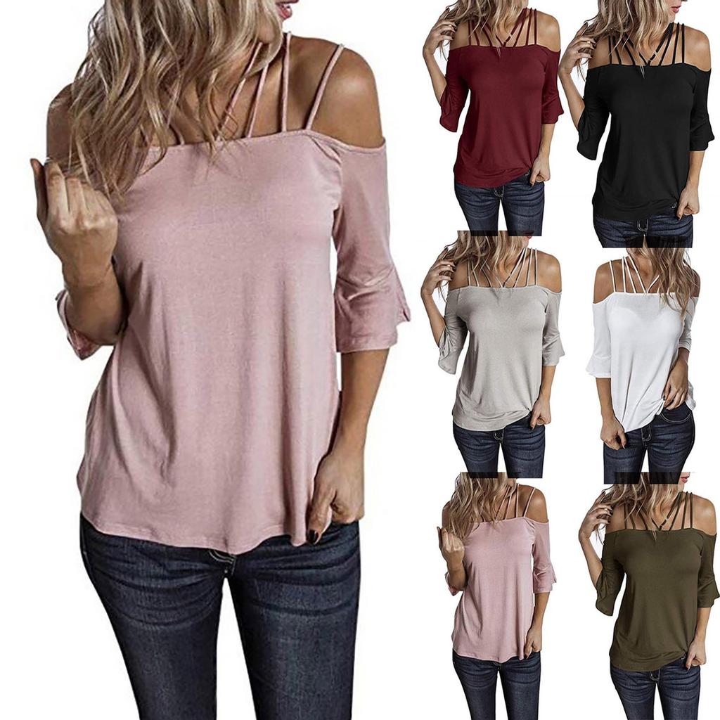 Women Fashion Plus Size Flare Sleeve Off Shoulder T-shirt Solid Color Top