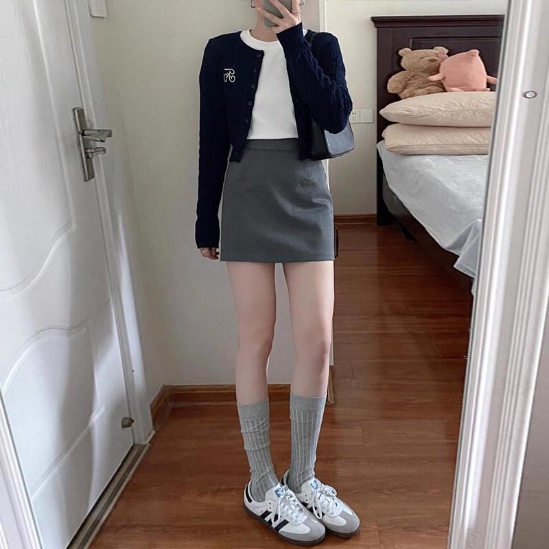 Women's Gray Wool Blend High Waist A-Line Short Skirt - Slimming Petite Plus, Thick Hip Wrap for Spring, Autumn, Winter 2026