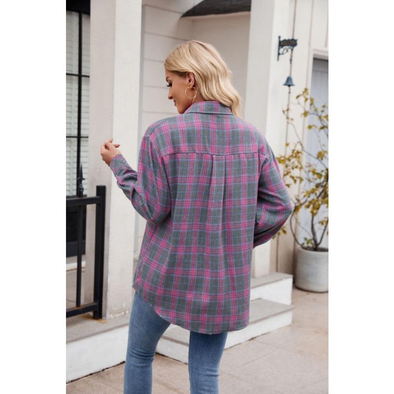 YYFS Women's Fashion Casual Spring Fall Plaid Print Long Sleeve POLO Neck Blouses & Shirts