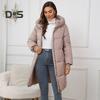 Women Winter Jacket with Hood Thickened Padded Down Coat Slim Waist Zipper Closure Mid Length Windproof Cold Weather Cotton Coat
