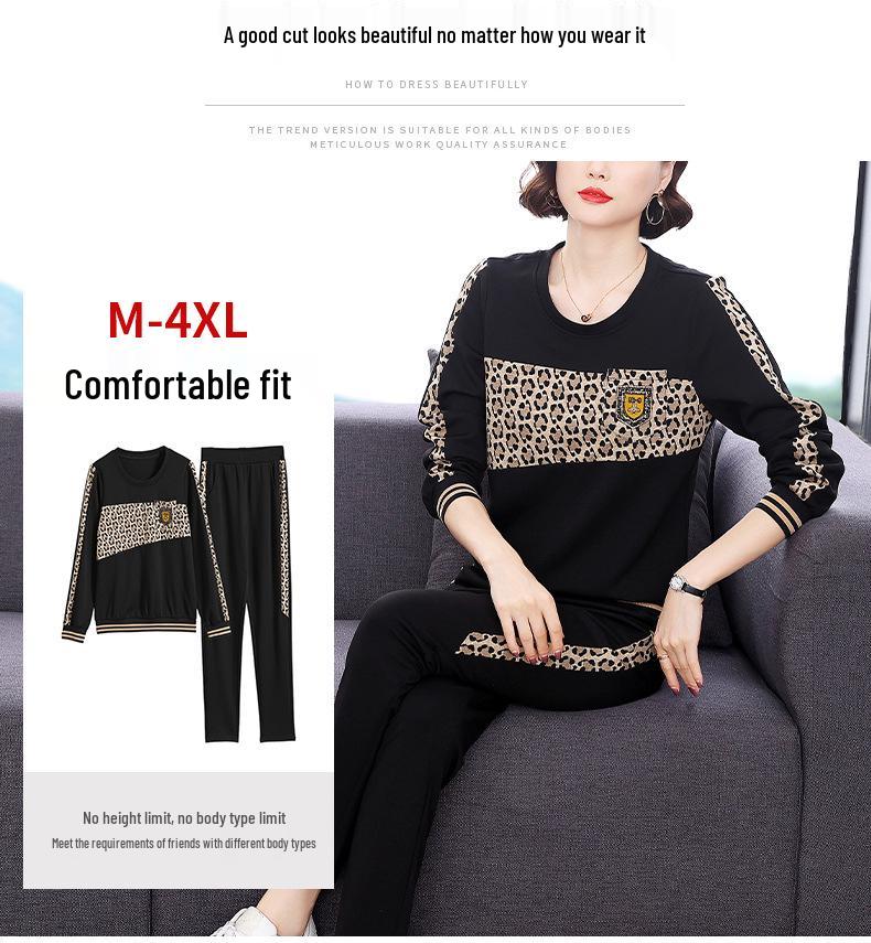 Women's 2023 Casual Round Neck Two-Piece Set: Versatile, Fashionable, Belly-Covering for Spring & Autumn Middle-Aged Ladies.