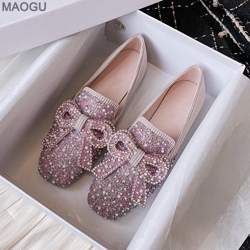 Crystal Rhinestone Beaded Women Low Heel Pumps Elegant Square Toe Ladies Fashion Slip-on Loafers Bowknot Flats Size 34-43 Shoes