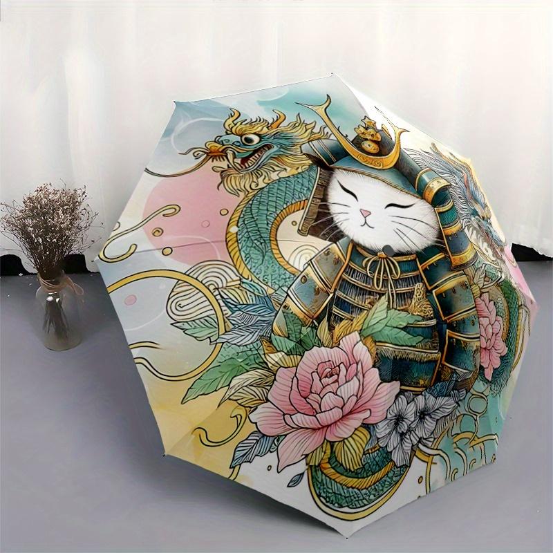 1pc Samurai Cat in Armor Pattern Umbrella, Fashionable, Personalized, High-Value Folding Umbrella, a Must-Have for Summer, 8-Rib Durable Iron Frame, T