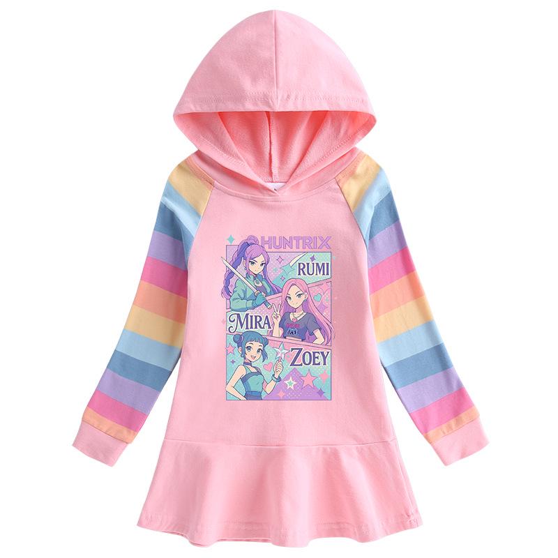 Vestito arcobaleno Cacciatore di demoni Kpop - Vestito da principessa plissettato con cappuccio a maniche lunghe per bambina per primavera e autunno
