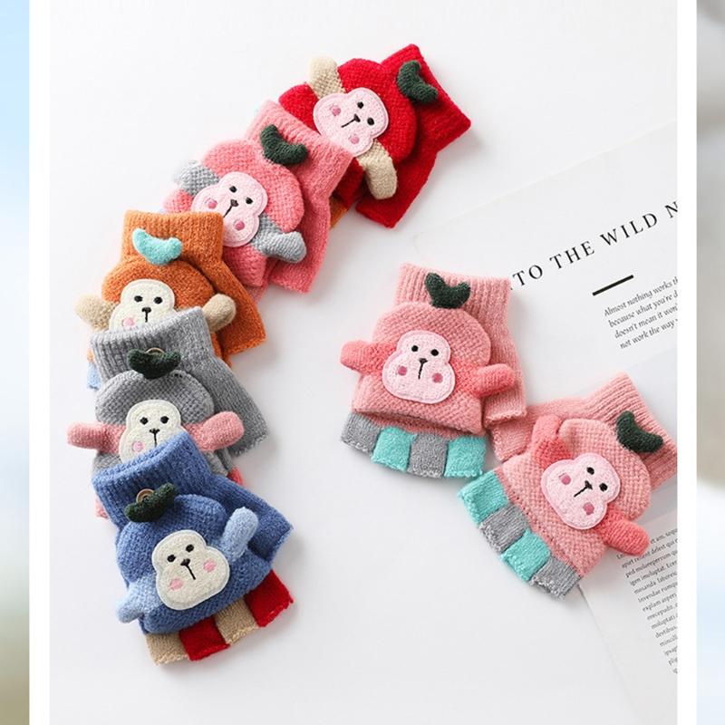 Outdoor Riding Warm Mittens Soft Elastic Knitted Half Finger Glove for Girls Boys Candy Color Cute Gloves