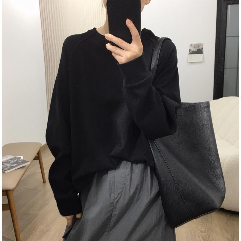 Women's Crew Neck Raglan Sleeve Sweatshirt Loose Fit Solid Color Korean Casual Style Autumn Cropped Cotton Pullover Versatile Daily Long Sleeve Top