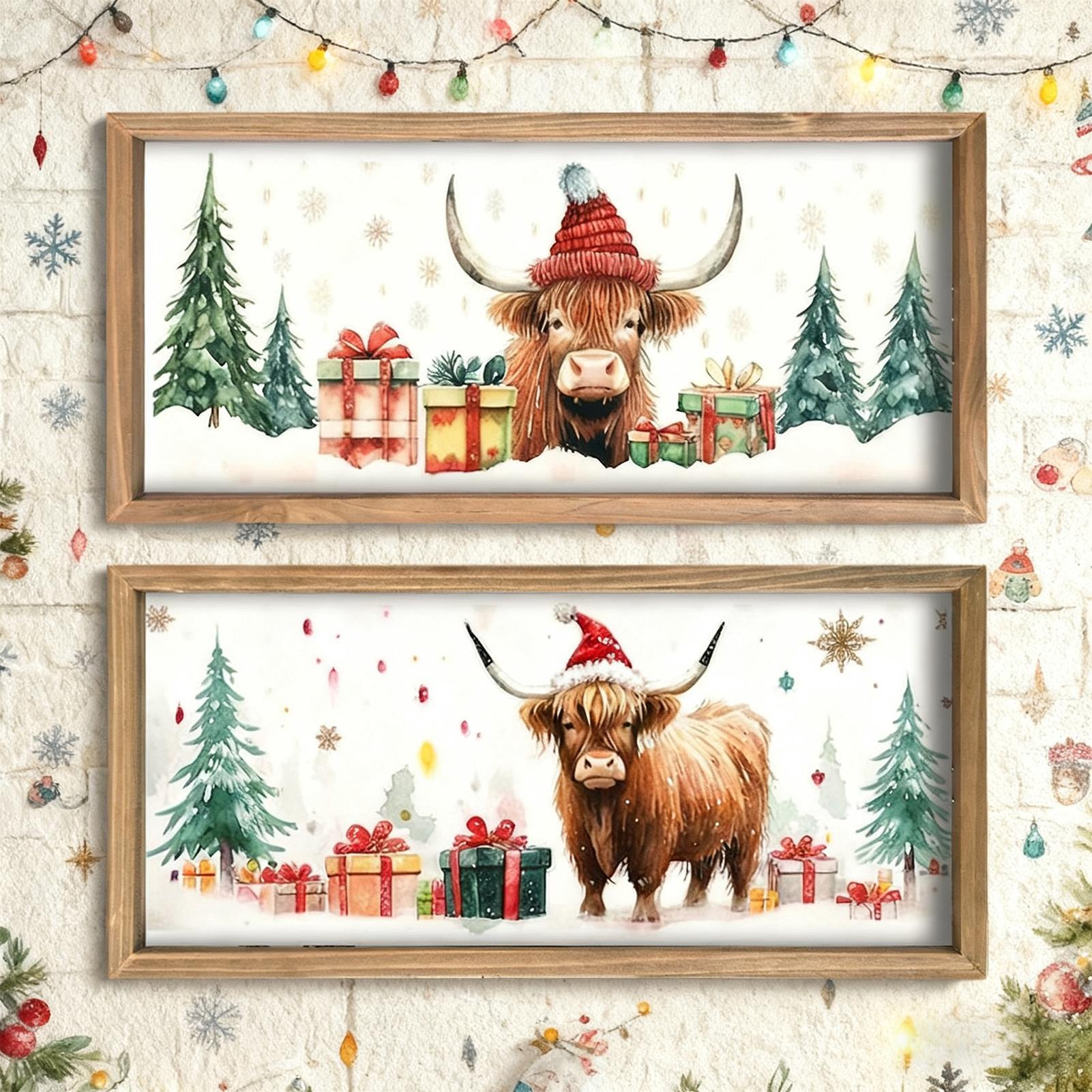 

2PCS Christmas Highland Cow Picture Farmhouse Wall Decoration Rustic Wood Print Cow Art Wall Decor Christmas Decoration CN