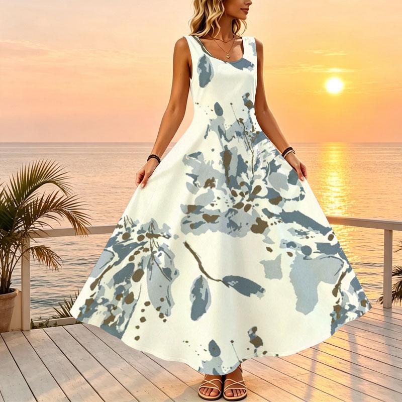 Floral U-Neck Sleeveless Maxi Dress,Comfortable Fresh Style for Beach Vacation,Daily Wear & Travel Photos