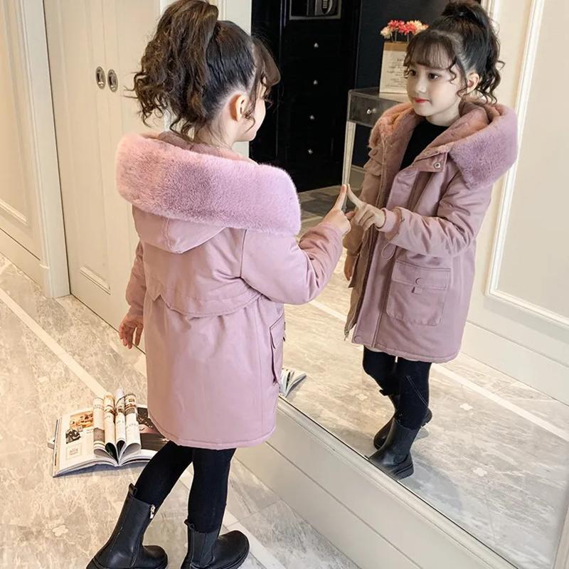 Winter Little Girl Cotton Jacket Girl's Plush Thickened Coat Velvet Keep Warm Jacket for Girls Parka Snowsuit Hooded Teenagers Children Outerwear