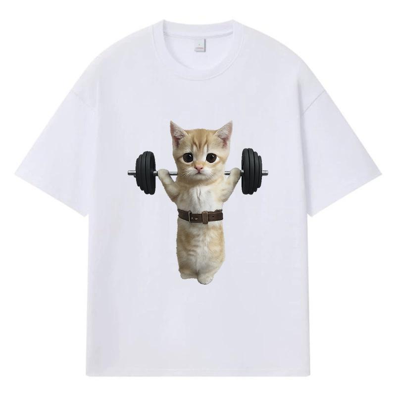 2026 Cat Lifting Dumbbell Printed Graphic Y2k Harajuku Streetwear 100% Cotton T Shirt Casual Oversized Summer Men T-shirt