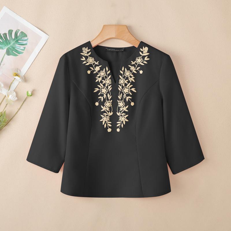 ZANZEA Women Casual Embroidery V-Neck Loose 3/4 Sleeve Blouse
