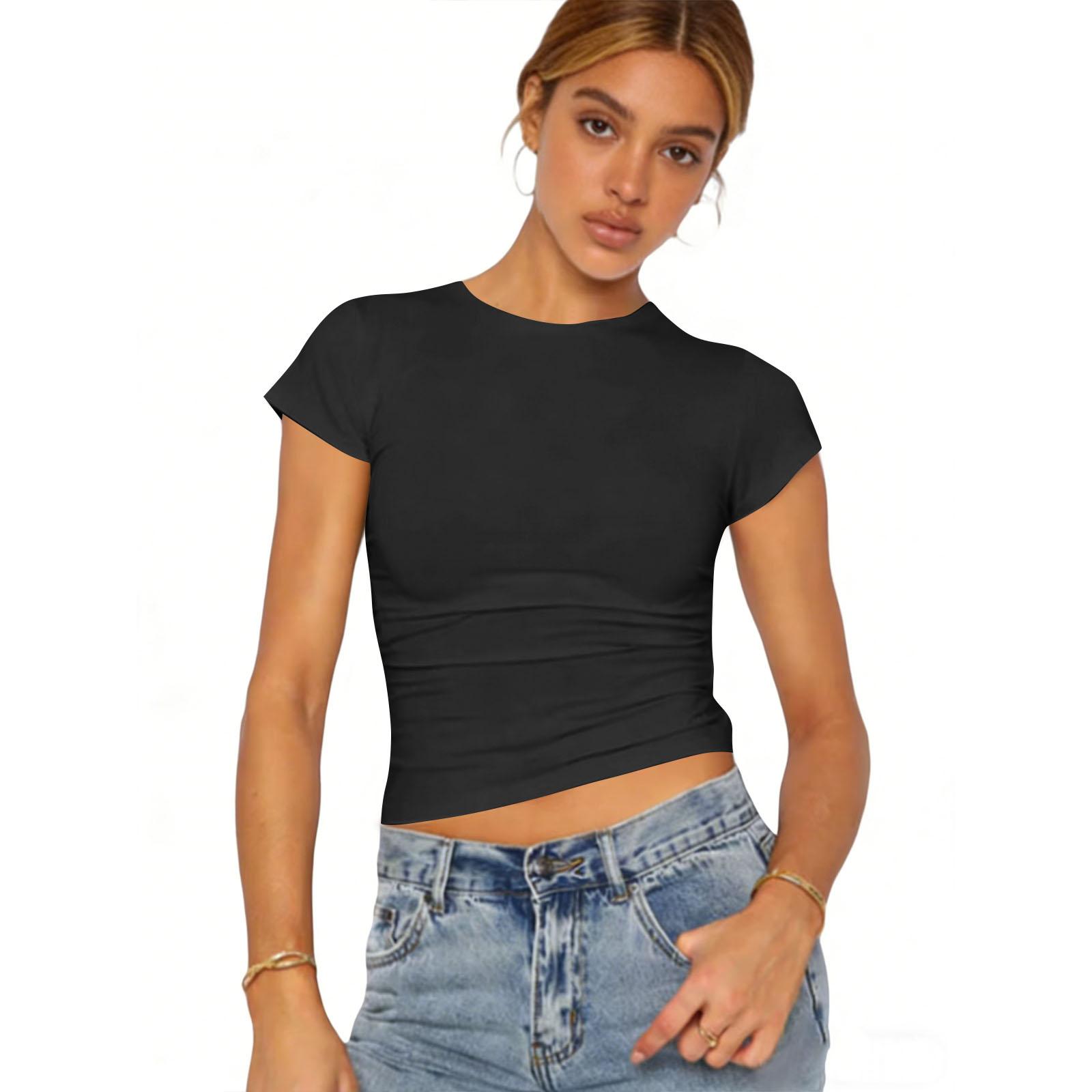 Fashion Round Neck Raglan Short Sleeve Workwear Printed Tops Ladies Summer Tops XS чёрный