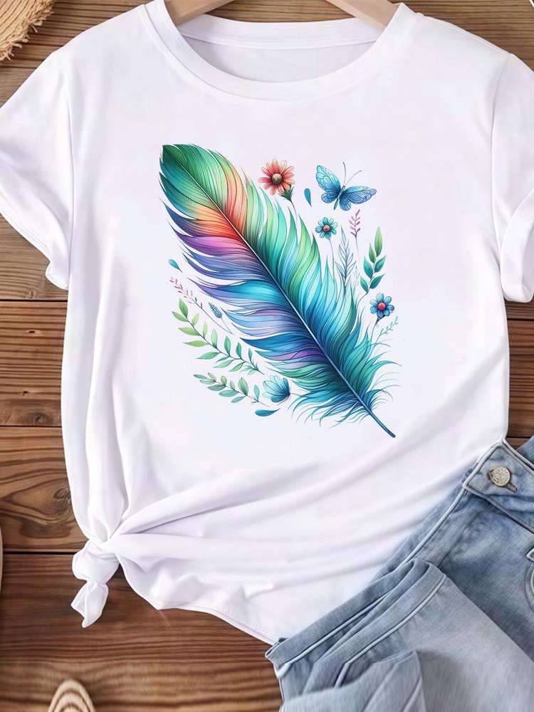 (Asian Size) Women Tee Top Clothing Casual feather style 90s Short Sleeve T Shirt Fashion Printed Lady Female Graphic T-shirts