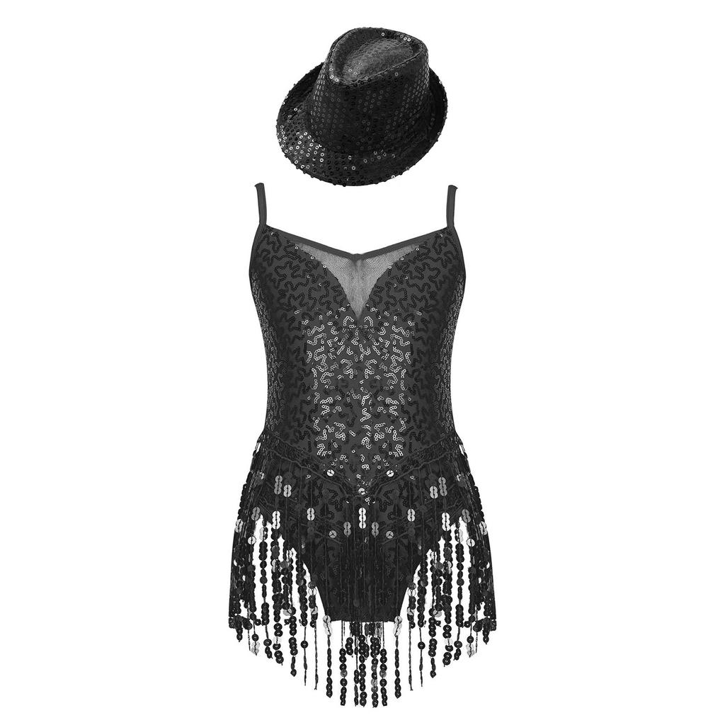 Girls Sleeveless V Neckline Mesh Patchwork Shiny Sequins Tassel Hem Leotard Hat Jazz Latin Dance Costume
