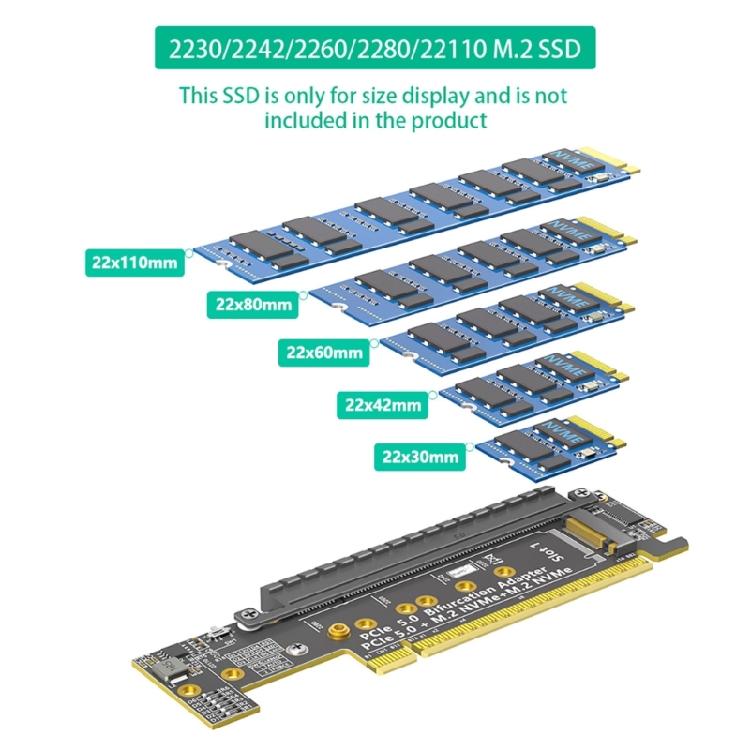 Fast speed PCIe 16X 5.0 to Double NVME + PCIE X16 Adapters Card with AntiInterference for 32Gbps Data Transfer