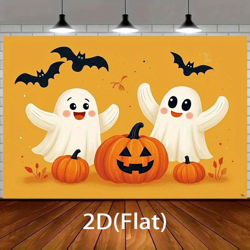 2D Flat  1 Halloween Banner with Two Happy Ghosts and Pumpkins  No Need for Electricity