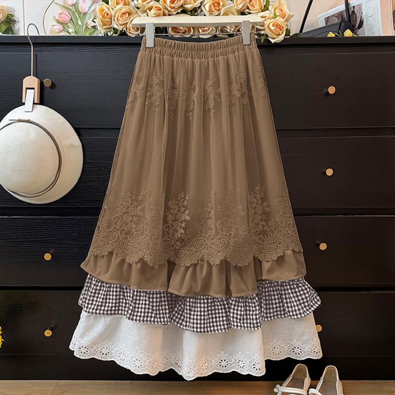 

ZANZEA Женские повседневные юбки А-силуэта с кружевной вставкой и свободным клетчатым принтом M хаки