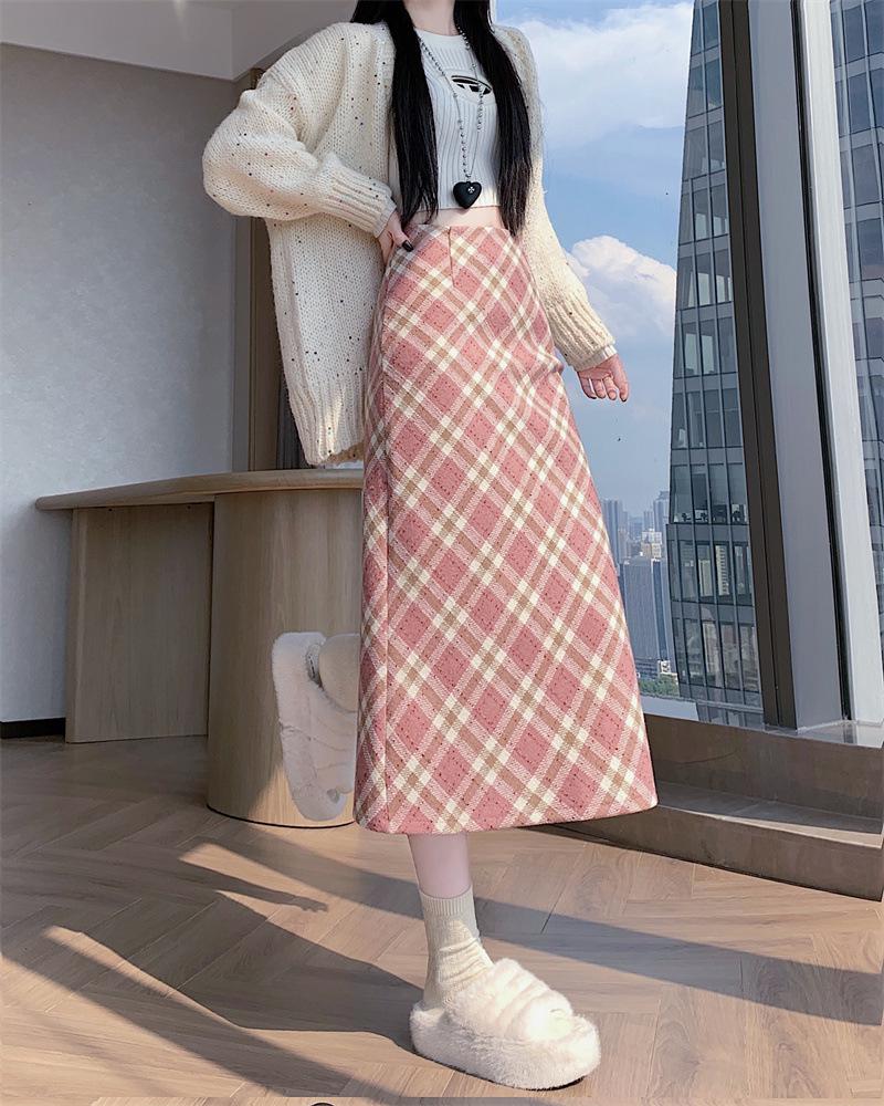 Шерстяная клетчатая юбка с высокой талией для пышных девушек - Осенняя, приталенная M