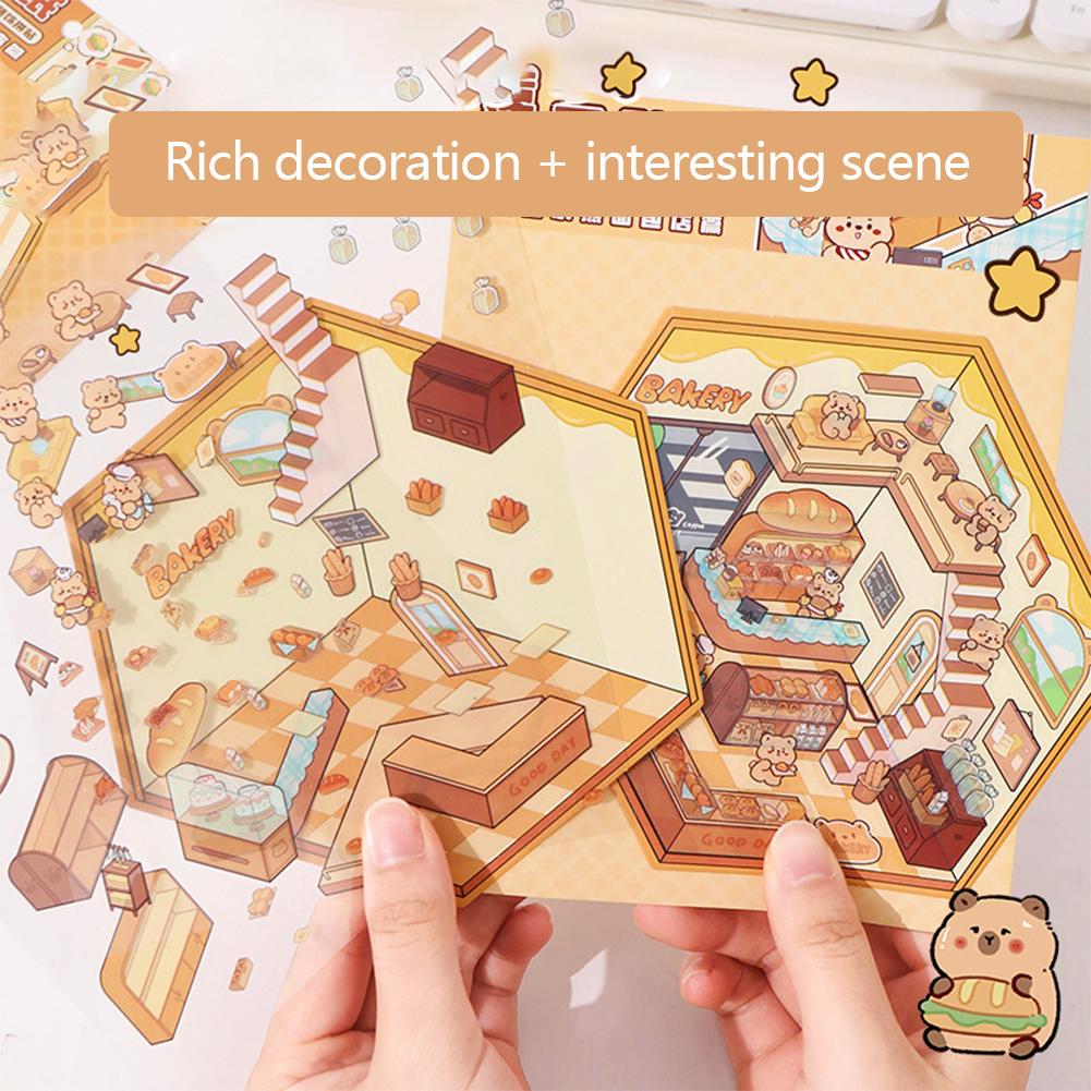 1Set Creative 3D Simulation Cabin Stickers Cute Cartoon Handmade DIY Landscaping Stickers Scene Stacking Pasting Stickers