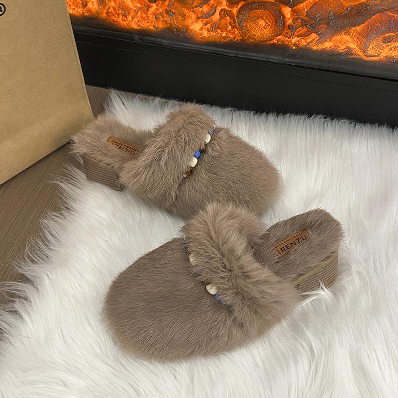 Thick-bottomed Fluffy Slippers for Women's Outer Wear 2025 Autumn and Winter New Beaded Accessories Fashion Foreign Style Home High-end Cotton Slipper
