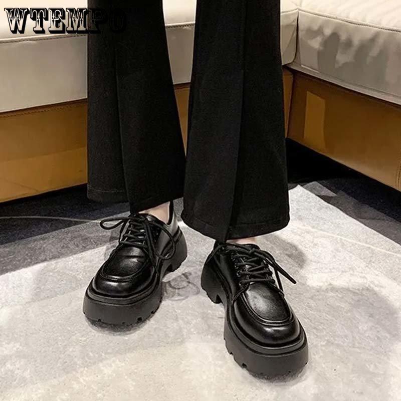 Schwarzer Loafer für Damen, Spitze, dicker Boden, Gothic-Lolita-Stil, Kunstleder, Erhöhungsschuhe, Preppy-Stil, rutschfeste Arbeitsschuhe mit flachem Boden