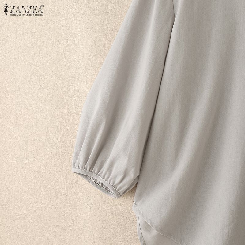 ZANZEA Damen Freizeit Rundhals Einfarbig 3/4 Ärmel Bluse