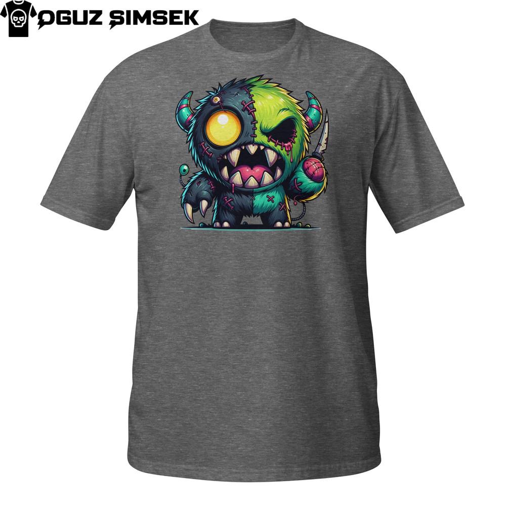 

Half Green Angry Monster T-Shirt | Glowing Eye Plush Horror With Knife Design M