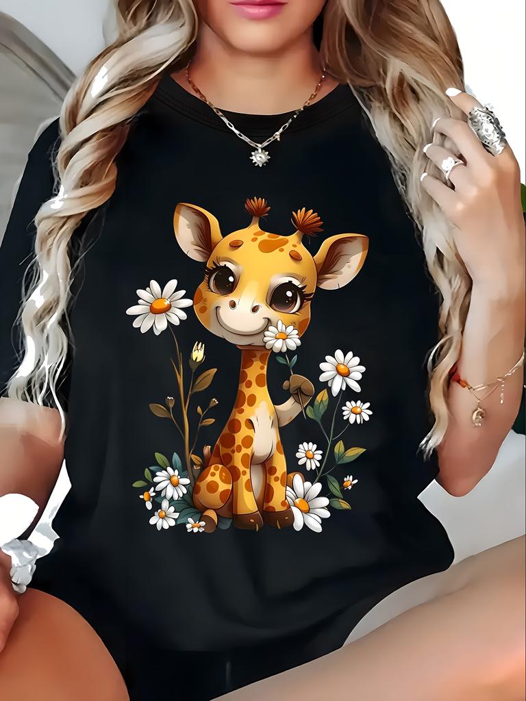 Size Unisex And Mes Size Cute Giraffe And Daisy Floral Print Soft Stretchy Round Neck Short Sve Top Unisex All TShirt