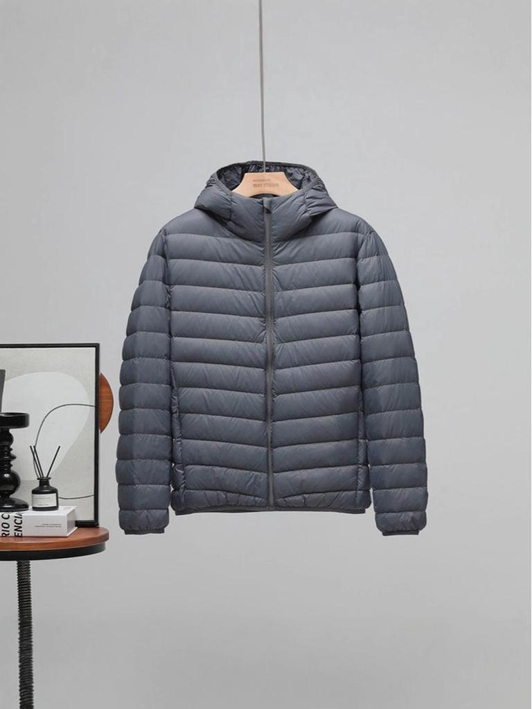 Men's Plus Size Lightweight Hooded Down Jacket - 90% Down, Ultra-Thin, Casual Winter Wear for Middle-Aged and Elderly, Suitable for 200 lbs