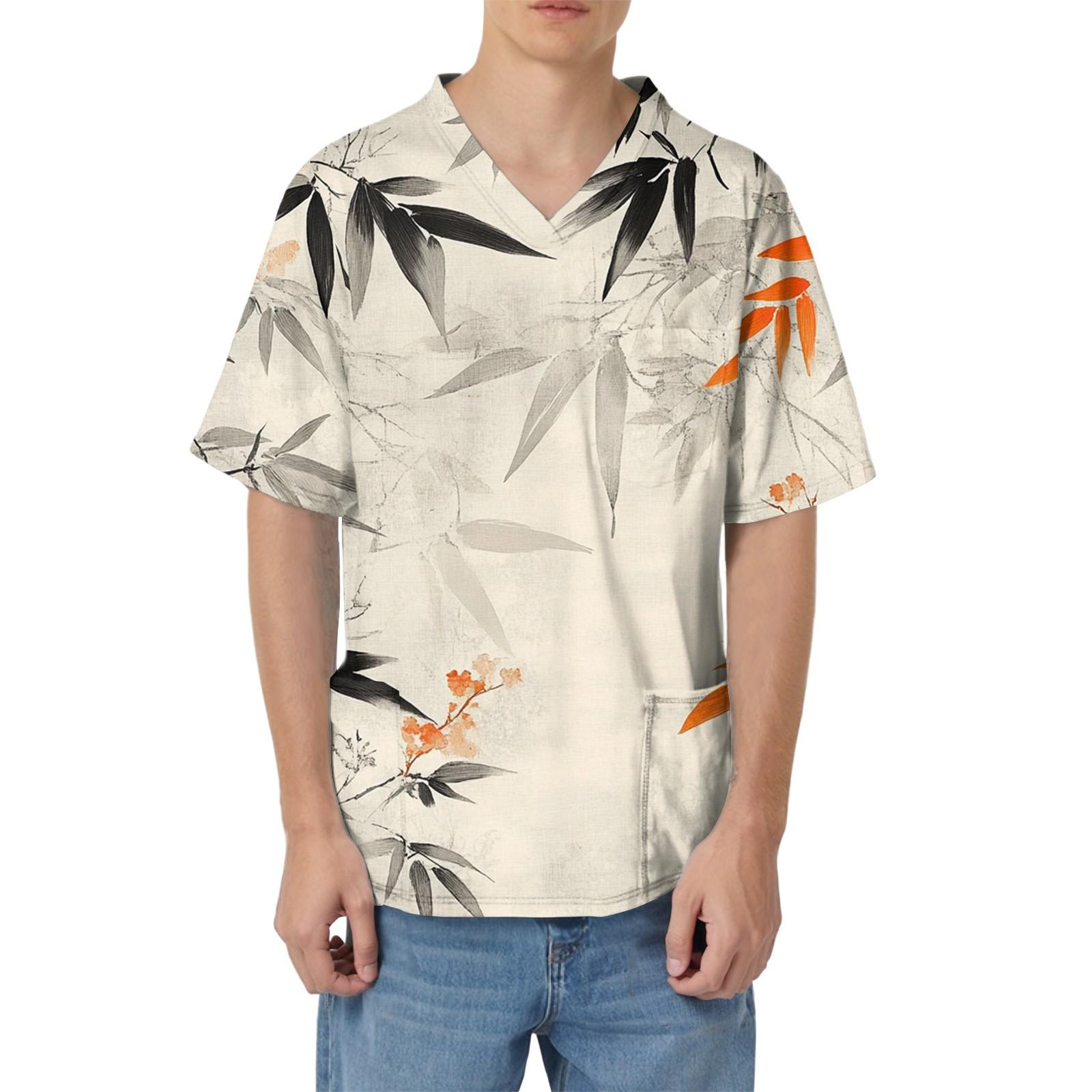 

Мужская рабочая блузка с короткими рукавами и v-образным вырезом с принтом, топ с нагрудным карманом M