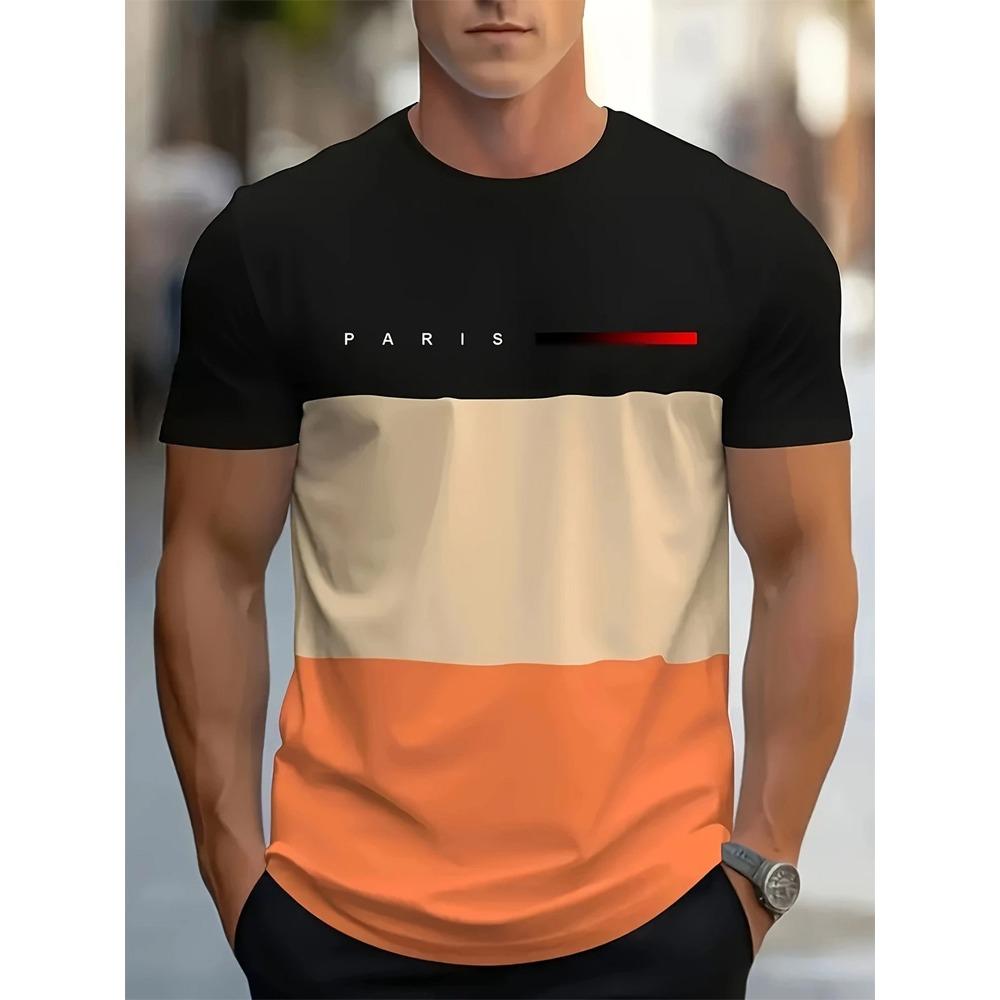 Men's Fashion Stripe Splicing 3D Printed Short Sleeve Comfortable To Wear