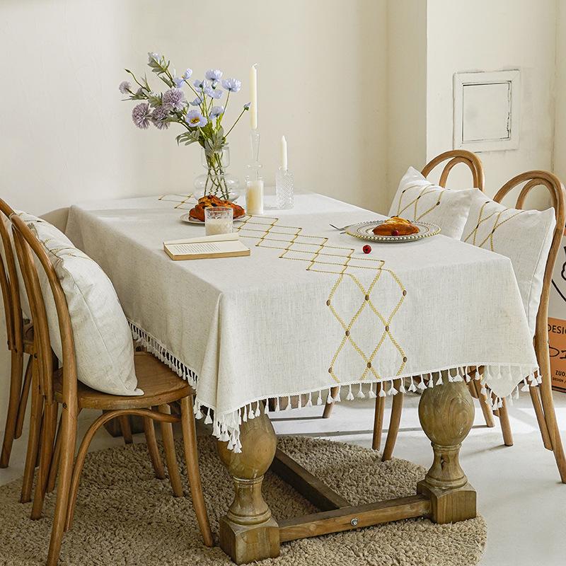 Tablecloth Cotton And Linen Fringed Three-Dimensional Embroidery Rectangular Party Picnic Tablecloth