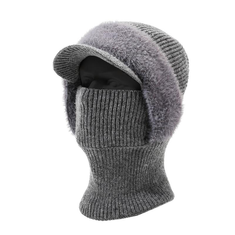 Autumn Winter Knitted Hat Scarf One-Piece Velvet Two-Piece Cap Warm Face-Covering Cold-Proof Wool Cap