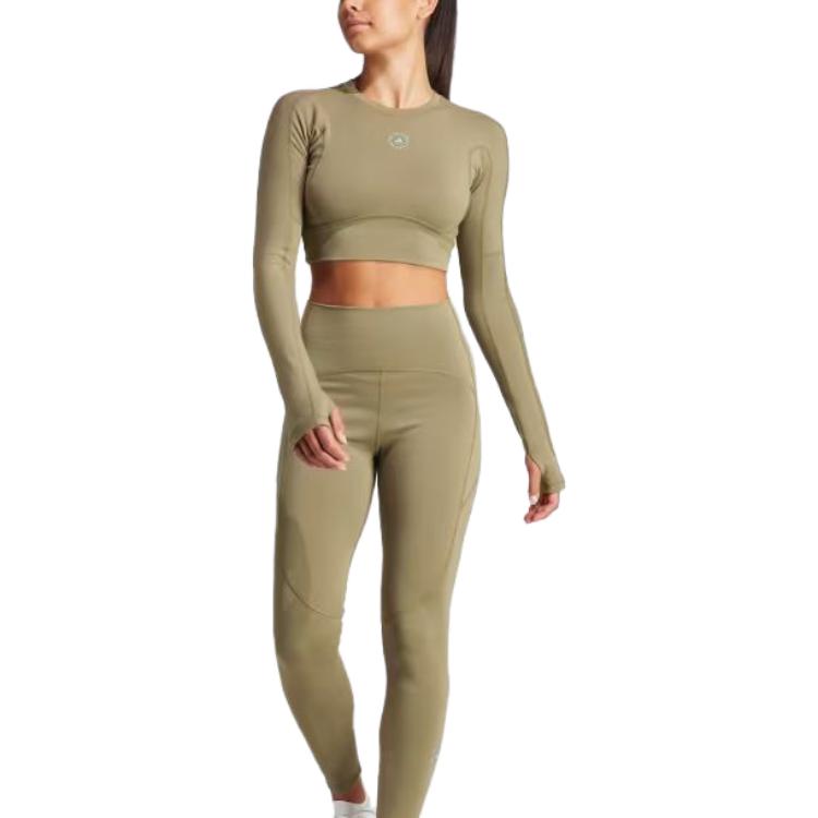 Adidas X Stella McCartney Truestrength Cropped Long Sleeve Solid Color Round Neck Fitted T-Shirt Women tops Olive-Green IT5714