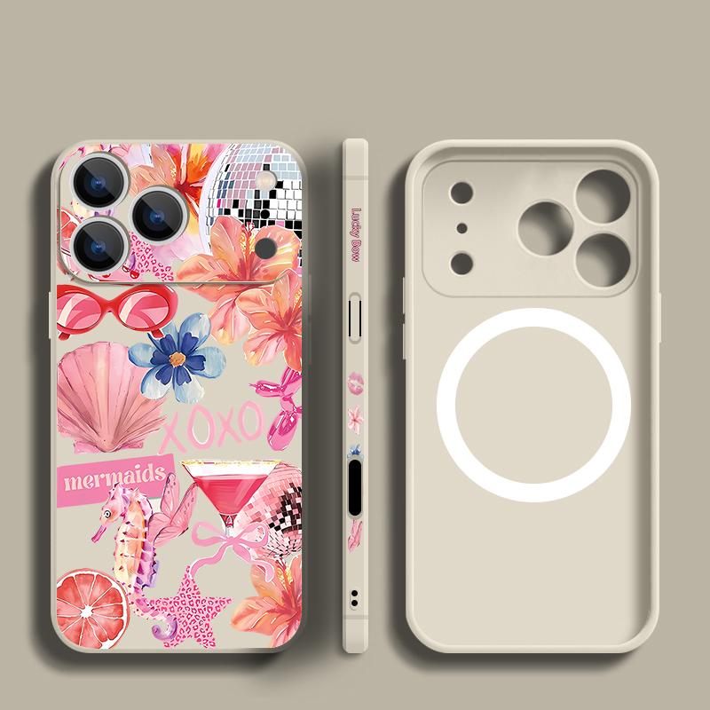 Pink Cartoon Floral Pattern Case For iPhone 17 Pro Max Magnetic For Magsafe Silicone Cover For iPhone 16 Pro Max Funda iPhone 15 14 13 12 11 16E Air