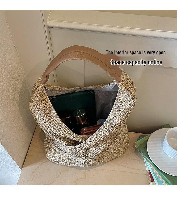 2023 Trendy Women's Large Capacity Textured Straw Tote & Shoulder Beach Bag