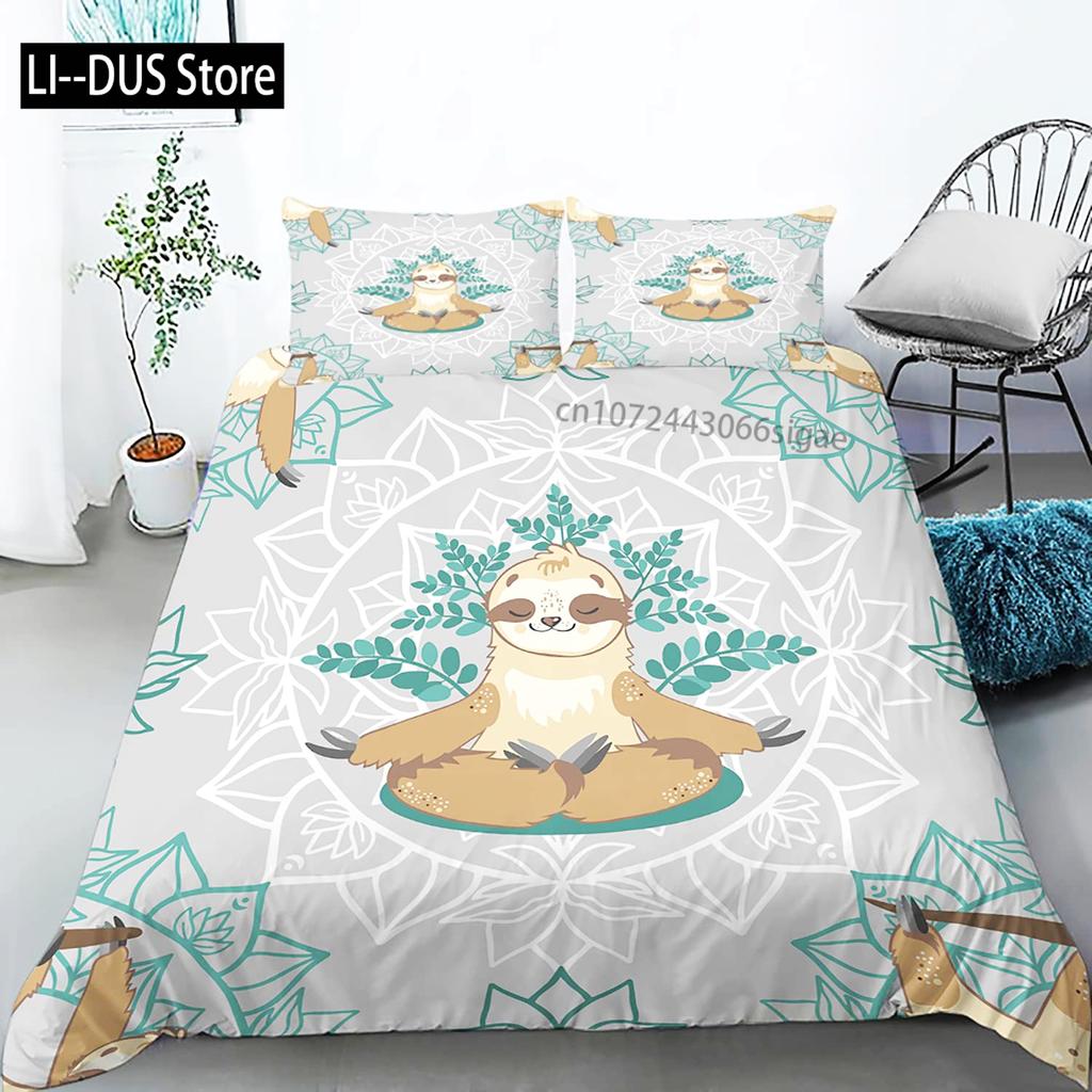 Sloth Duvet Cover Set Cartoon Character Sleeping on Branch Decorative 3 Piece Bedding Set with 2 Pillow Shams Queen Full Size