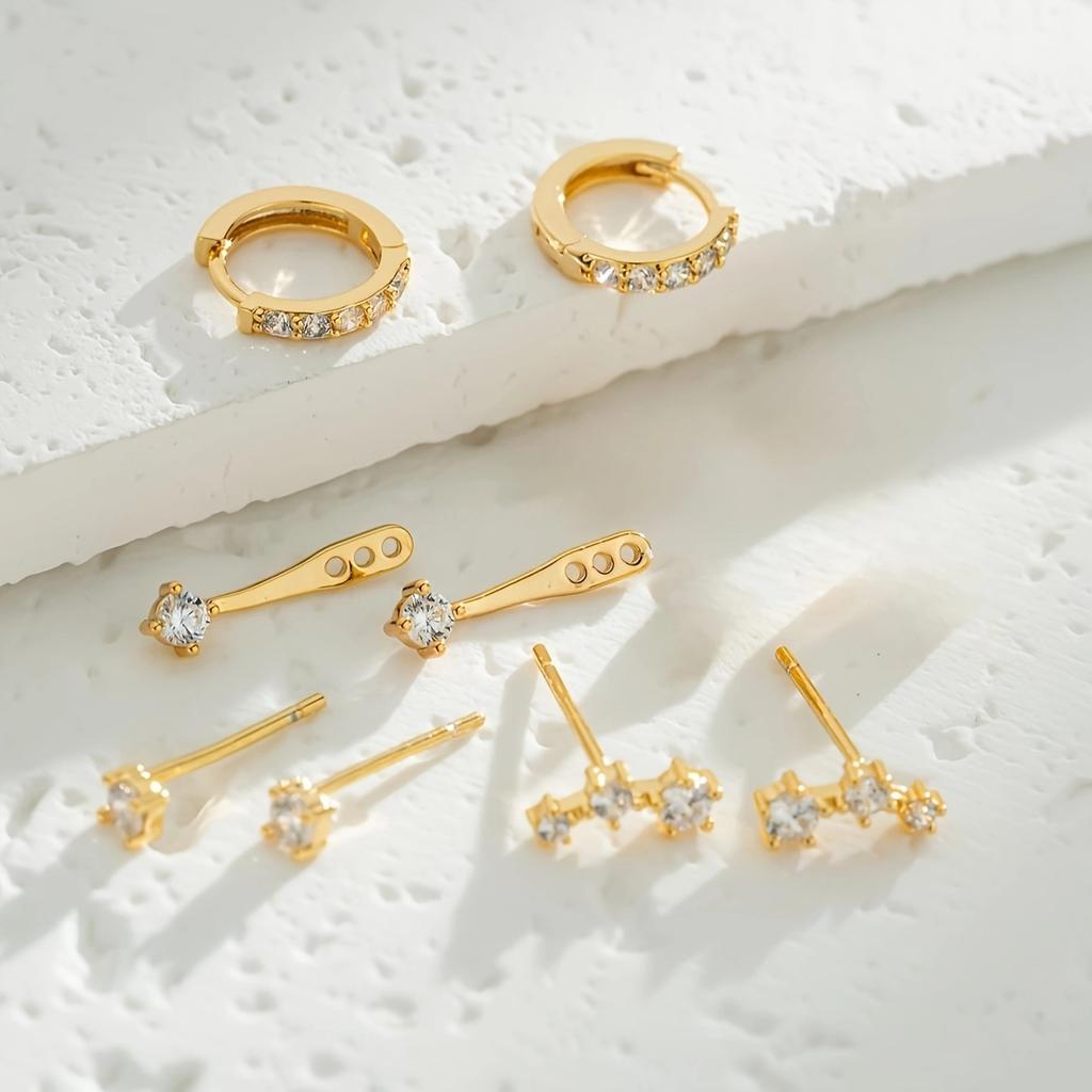 6 Pcs Gold Plated Stainless Steel Flat Back Earrings Set Green Zirconia Cartilage Studs Elegant Jewelry