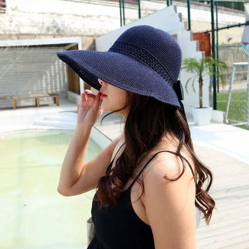 

WTEMPO Women s Hollow Out Bow Sun Hats Empty Top Foldable Versatile Sunscreen Caps Wide Brim Sun Protective Summer Cool Hats 1pc темно-синього кольору